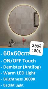 LED Bathroom Mirror 60cm Antifog Demister Backlit Warm Light