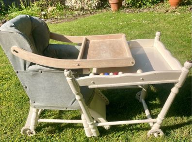 1950s Solid Wood Upholstered Highchair & Play Table