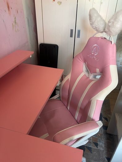 L Shaped Desk with Power Outlets & LED Lights & Pink Gaming Chair for Girls