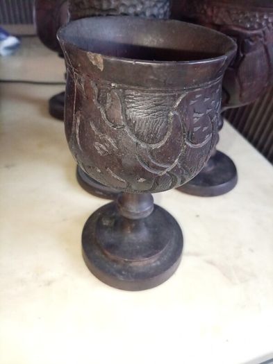 Set of 6 Hand-Carved African Wildlife Wooden Goblets  Vintage