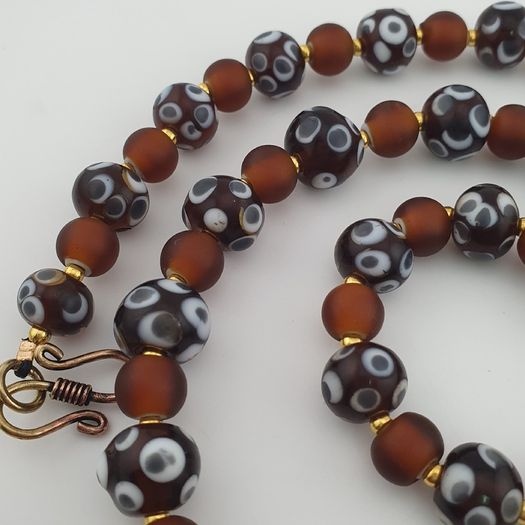 Antique Venetian African Style Skunk Eyes & Brown Glass Beads Necklace