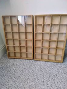 Storage display wooden shadow boxes x 2 with toughened glass sliding top adjustable compartments each has  24 sections and each one is 56cm x 38cm x 5.5cm solid wood great for display storage retail crafting jewellery hobbies Collection in Kinsale area