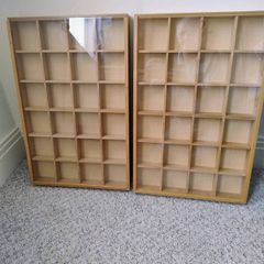 Storage display wooden shadow boxes x 2 with toughened glass sliding top adjustable compartments each has  24 sections and each one is 56cm x 38cm x 5.5cm solid wood great for display storage retail crafting jewellery hobbies Collection in Kinsale area