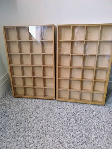 Storage display wooden shadow boxes x 2 with toughened glass sliding top adjustable compartments each has  24 sections and each one is 56cm x 38cm x 5.5cm solid wood great for display storage retail crafting jewellery hobbies Collection in Kinsale area