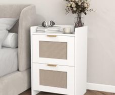 Bedside Table with Charging Station, Rattan Nightstand with 2 Storage Drawers, Side Table with Golden metal handle for Bedroom, Living Room Study,40x30x60cm(White)