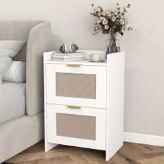 Bedside Table with Charging Station, Rattan Nightstand with 2 Storage Drawers, Side Table with Golden metal handle for Bedroom, Living Room Study,40x30x60cm(White)