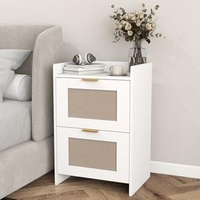 Bedside Table with Charging Station, Rattan Nightstand with 2 Storage Drawers, Side Table with Golden metal handle for Bedroom, Living Room Study,40x30x60cm(White)