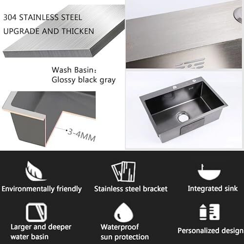 Stainless Steel Washing Sink Hand Wash Sink Commercial Kitchen with Tap for Shop Kitchen Garage Garden 80cm Black