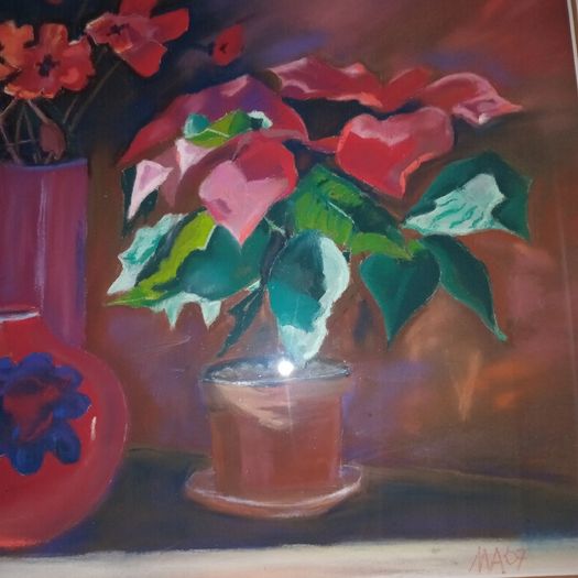 Framed "Still Life" Watercolour."Ponsettia Christmas Plant and Poppies"
