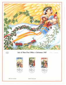 1987 Isle of Man Limited Edition Lithographed Print measuring 333mm X 257mm showing Christmas (Victorian scenes) stamps with First Day of Issue Cancel