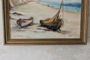 Framed coastal oil painting - boats on beach