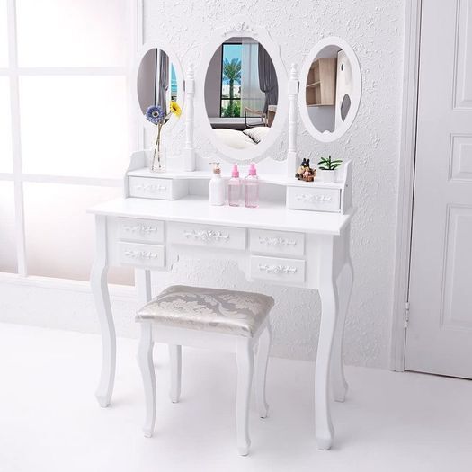 Dressing Table with 3 Mirror Stool Makeup with stool, 7 drawers