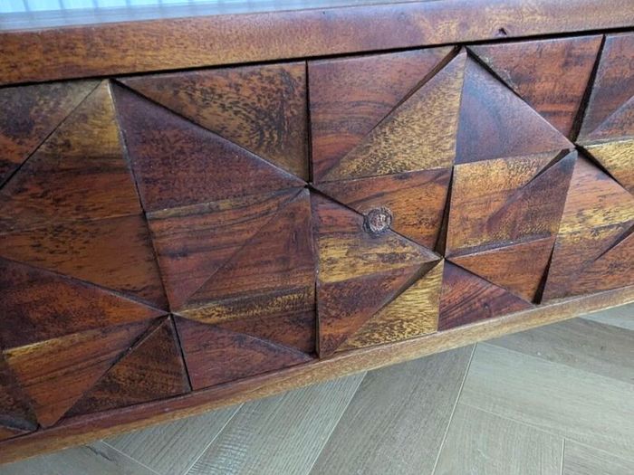 Solid Wood TV Stand with Geometric Carved Drawers