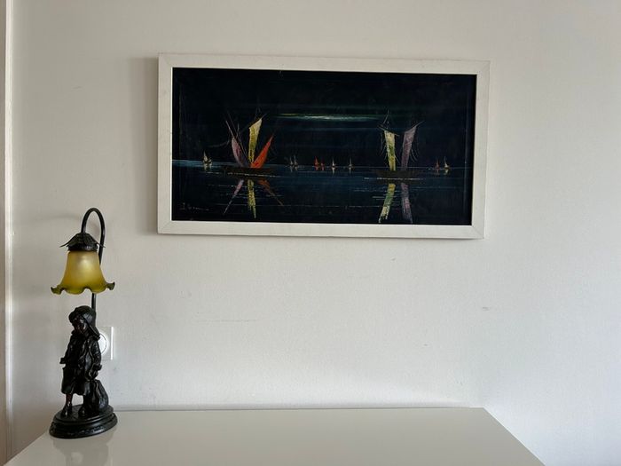 Vintage seascape oil painting with sailboats - framed