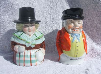 CHARACTER TOBY JUGS (tourist ware pottery) - two vintage character-toby jugs - John Bull (Ballycastle, Antrim) & a Welsh Lady (1950's or earlier)