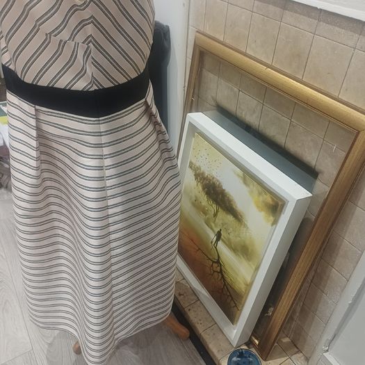 Beautiful Flattering Dress by Irish Designer Fee G, Soft Pink and Black Stripped Dress - Size 16