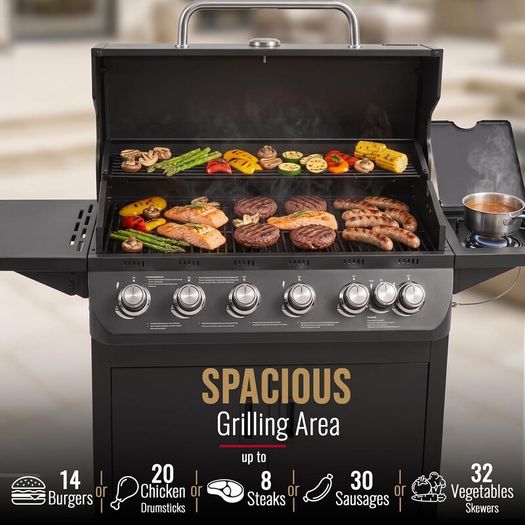 7 Burner Gas BBQ Grill with Side Burner Warming Rack Temperature Gauge Outdoor Garden