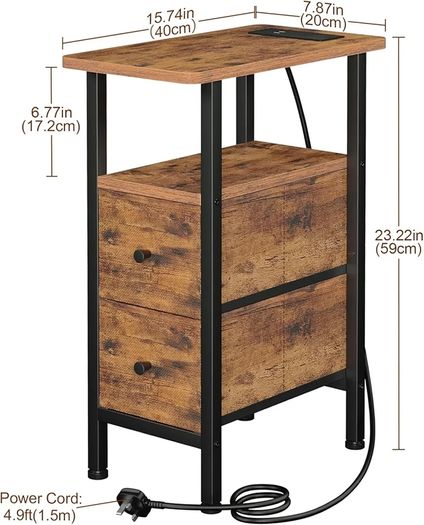 Slim Bedside Table with Charging Station, Narrow Side Table with 2 Fabric Drawers, Small End Table with Open Storage Shelf, Nightstand for Small Spaces, Living Room, Brown