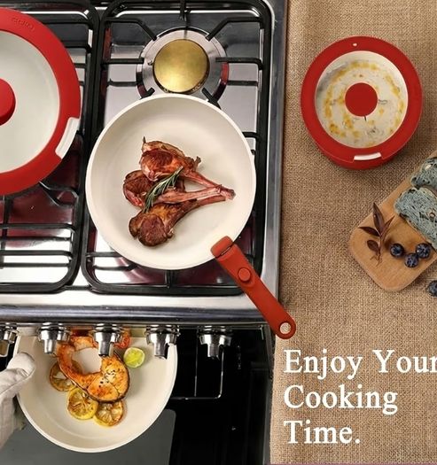 Pans Set Non Stick,11PCS Granite Nonstick Cookware Sets with Detachable Handle,Induction Kitchen Set Removable Handle,RV Cookware Set,PFAS PFOA Free,Oven Safe(Red Gradient,11PCS