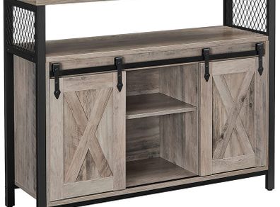 _Sideboard Kitchen Cabinet Storage Cabinet with 2 Sliding Doors Adjustable Shelf Industrial Living Room Greige-Black