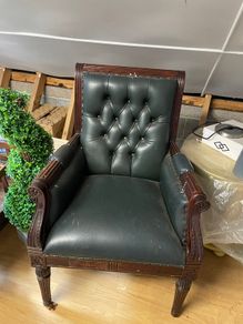Traditional Green Leather Button-Back Library Office Armchair Mahogany Style