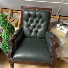 Traditional Green Leather Button-Back Library Office Armchair Mahogany Style