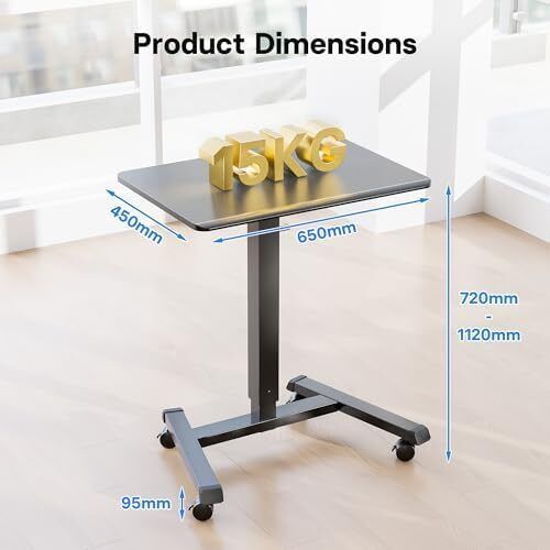 Mobile Standing Desk with 4 Rolling Castors, Height Adjustable Desk on Wheels, Portable Stand Up Desk, Over-Bed Table for Living Room