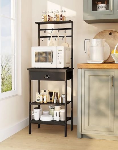 5 Tier Coffee Bar Station, Coffee Stand with Fabric Drawers, 8 S-Shaped Hooks, Corner Bar Cabinet, Height Adjustable, Bakers Rack for Kitchen, Living Room, Black