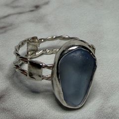 Handmade sterling silver double twist band with blue sea glass. Size Q