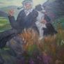 Oil on Canvas Old Man Smoking a Pipe and holding a Black and White Dog on a Rocky Outcrop, Postage available or Collection, Image 3
