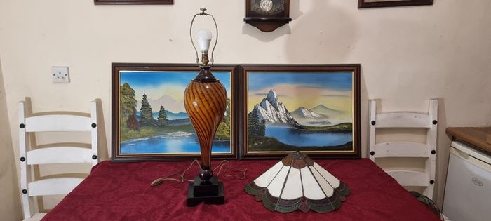 30.5 Inch Tall Large Art Deco Tiffany Style Table Lamp With Metal And Black Striped Amber Glass Stand With Stained Glass Shade