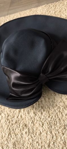 Navy Blue Wide-Brim Occasion Hat with Satin Bow