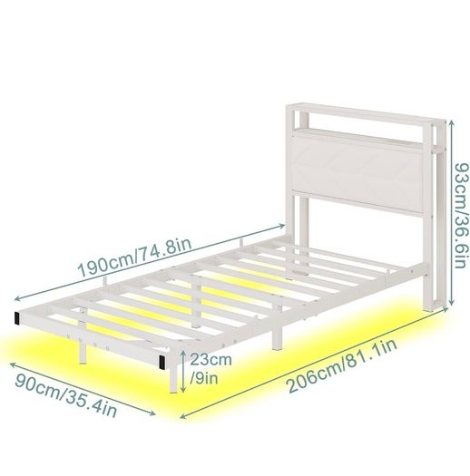 ingle Floating Upholstered Bed Frame with Storage Headboard, White Metal Bed Frame with LED Lights and Charging Station, Heavy Duty Metal Slat Support, Noise Free, No Box Spring Needed