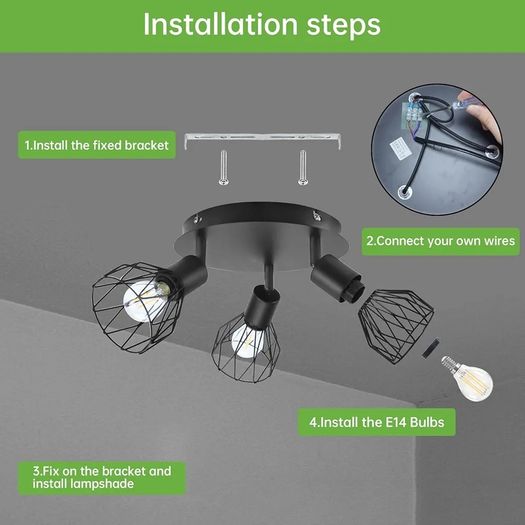3 Way Ceiling Spotlight Rotatable - Spot Light Ceiling Black Ceiling Lights Industrial E14 - Spot Light Fittings Wire Cage Wall Spotlight Bar for Kitchen Living Room Bedroom No Bulb