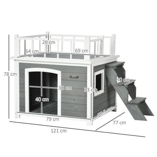 Dog House, Rooftop Terrace, Stairs, Window, Ground Clearance, Natural Wood, Light Gray, 121 x 77 x 78cm