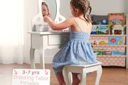 Girls Dressing Table (Age 3-7yrs) With Mirror and Stool, Ideal Present for Girls, Kids Dressing Vanity Table Set with Crystal Knobs and Chair, Children's Dressing Tables