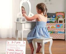 Girls Dressing Table (Age 3-7yrs) With Mirror and Stool, Ideal Present for Girls, Kids Dressing Vanity Table Set with Crystal Knobs and Chair, Children's Dressing Tables