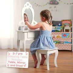 Girls Dressing Table (Age 3-7yrs) With Mirror and Stool, Ideal Present for Girls, Kids Dressing Vanity Table Set with Crystal Knobs and Chair, Children's Dressing Tables