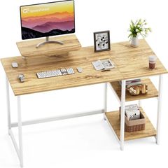 Office Desk with Monitor Stand,100cm Computer Desk with Reversible Storage Shelves,Study Desk for Home and Small Spaces,Oak