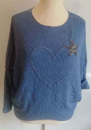 Carla Giannini Women's Angora Mix Top With Heart & Stars New With Tag Blue