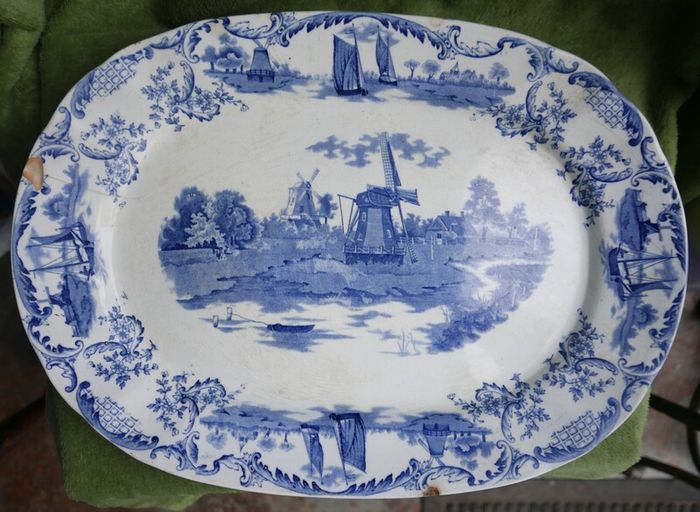 Large Antique Delft Pottery Platter,  Vintage Serving Plate in Blue and White,  Collectable China and Ceramics 16" x 11,5"