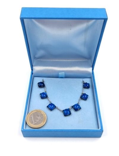 Vintage Art Deco Solid Silver Choker Necklace Foiled Blue Art Glass