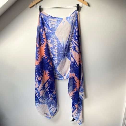 GUESS Tropical Print Winter Accent Scarf | Royal Blue & Peach Lightweight Wrap