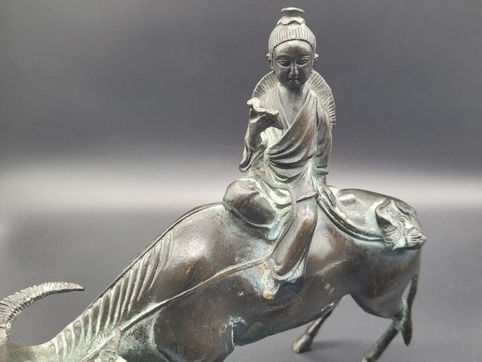 Antique Chinese Bronze of Lohan Seated On An Ox 19th Century