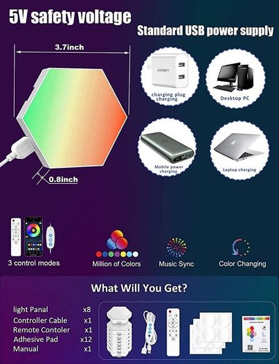 Hexagon Lights Gaming - 8 Pack RGB Led Hex Light Panels Hexagon Smart Wall Lights Sync to Music for Room Bar Decor Gaming Setup (FREE POSTAGE)