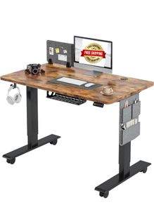 Electric Height Adjustable Standing Desk, 100x60cm Sit Stand Desk with Cable Tray, Hook and Storage Pocketse, Stand Up Desk with Memory Controller for Home Office