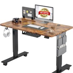 Electric Height Adjustable Standing Desk, 100x60cm Sit Stand Desk with Cable Tray, Hook and Storage Pocketse, Stand Up Desk with Memory Controller for Home Office