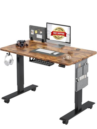 Electric Height Adjustable Standing Desk, 100x60cm Sit Stand Desk with Cable Tray, Hook and Storage Pocketse, Stand Up Desk with Memory Controller for Home Office