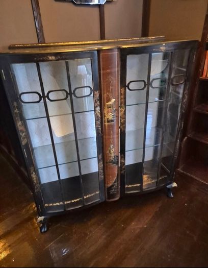 Vintage  Turnige Chinoiserie locking ebonised handpainted cabinet 3 tiers