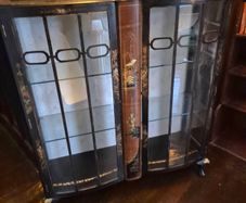 Vintage  Turnige Chinoiserie locking ebonised handpainted cabinet 3 tiers
